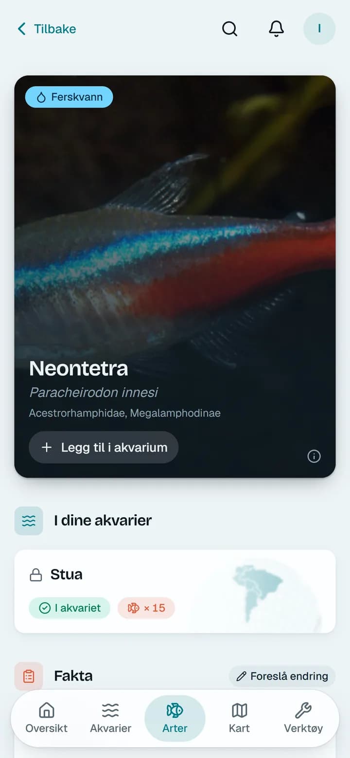 Artssiden for neontetra, med bilde, navn og akvariene den er i